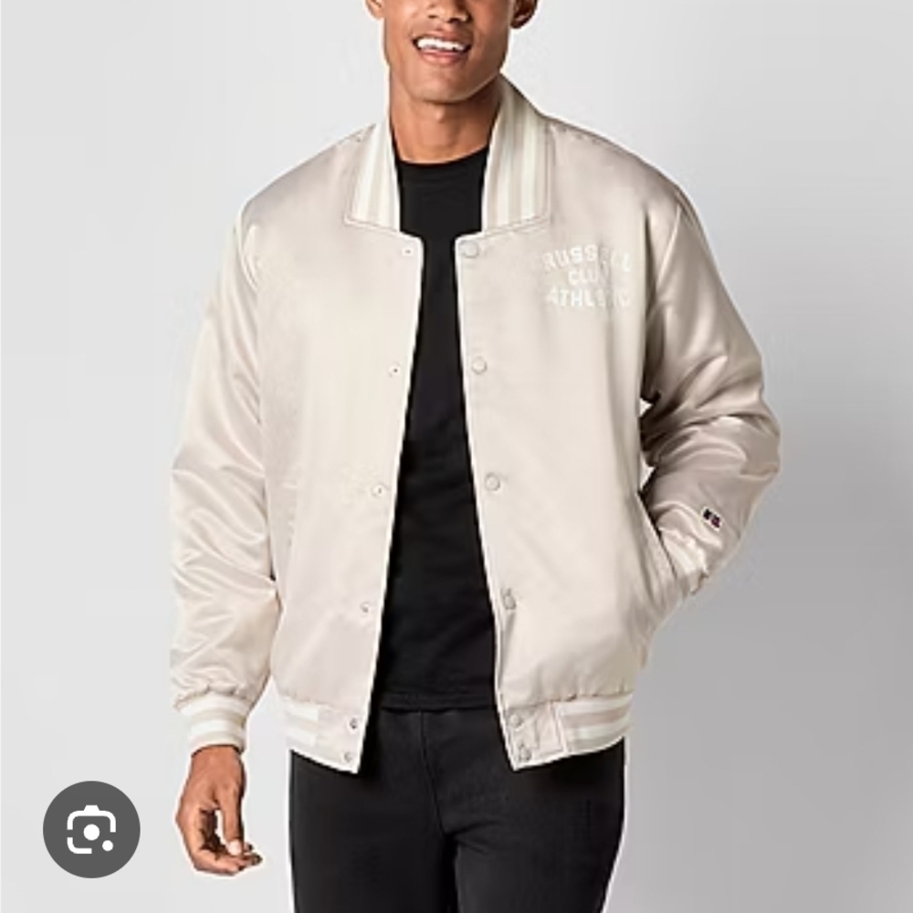 Russell Athletic Cream Bomber Varsity Jacket with Ribbed Details